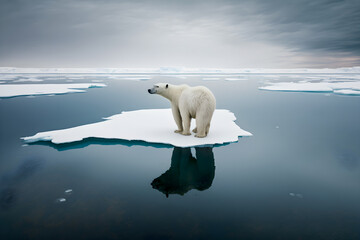 Naklejka na ściany i meble Isolation and Vulnerability in the Arctic: Capturing a Lone Polar Bear on a Melting Ice Floe with Telephoto Lens in Conservation-Themed Photography