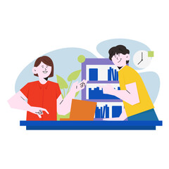 Talking to a friend in the office in flat illustration