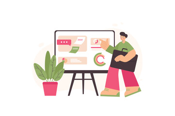 Business process concept with people scene in the flat cartoon design. Business man presents the achievements and further plans of his company. Vector illustration.