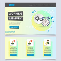 Working memory flat landing page website template. Pattern recognition, selective attention, cognitive flexibility. Web banner with header, content and footer. Vector illustration.