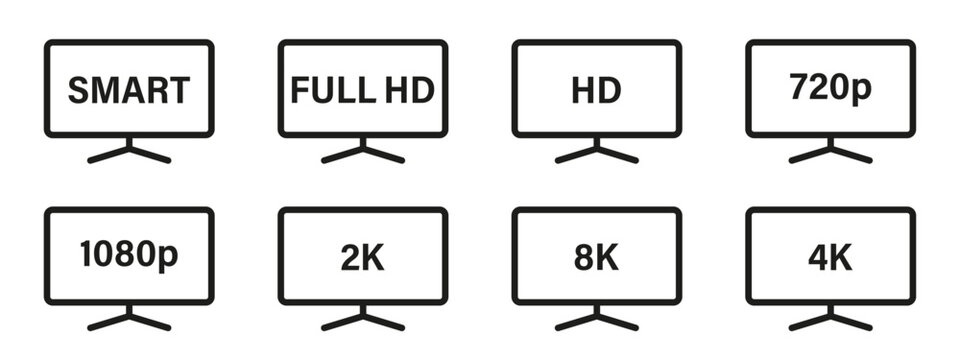Screen resolution icons. Video resolution vector icons.