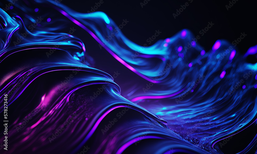 Poster dark purple and blue glossy wallpaper with abstract shapes. glowing wavy texture. background with cu
