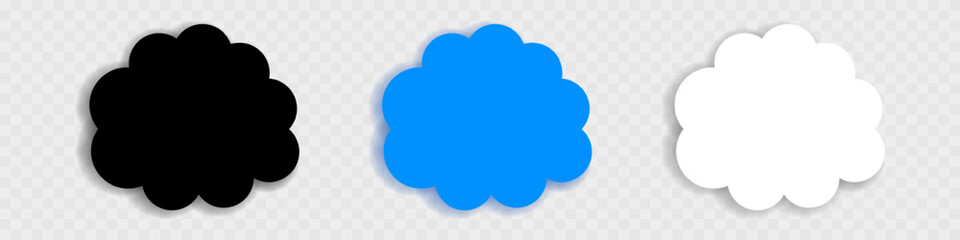 Set of cloud icons with shadow. Black, blue and white cloud. Vector isolated on background.