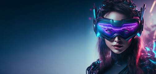 Beautiful futuristic woman using virtual reality glasses in the Metaverse. Girl with VR device and digital elements around her head. Generative ai