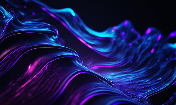 Dark purple and blue glossy wallpaper with abstract shapes. Glowing wavy texture. Background with curvy organics shapes. Generative ai
