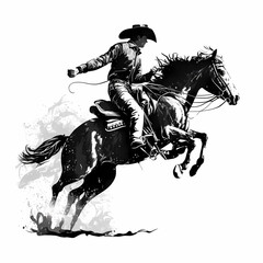 Cowboy rides a bucking bronco in a rodeo performance silhouette. Generative AI - obrazy, fototapety, plakaty
