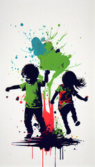 AI Generated image of ink style kids playing cute strong colors happy playing