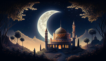 moon over the mosque, AI Generated