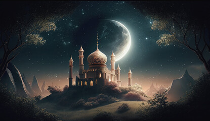 mosque in the night, AI Generated