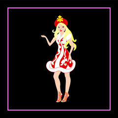 A girl in festive clothes advertises the product. Vector graphics design by a buliten. Illustration of sales and service offerings.