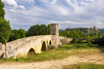 stone bridge over Ebro river in Frias, Burgos province, Castilla Leon, Spain