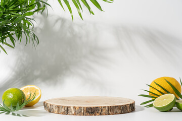Wooden slice podium on white background with palm leaves, lemon and lime slices. Modern product display for advertising and presentation of refreshing summer drinks, natural cosmetics - obrazy, fototapety, plakaty