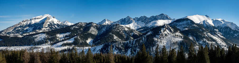 View of the Tatra Mountains in winter from Rusinowa Polana. Sunny weather during a hike in the mountains. © Tomasz