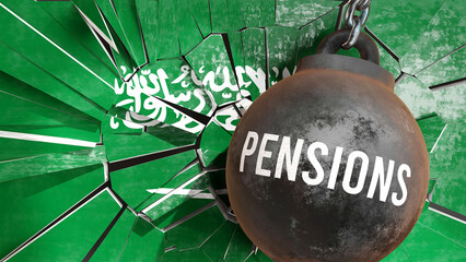 Saudi Arabia and Pensions that destroys the country and wrecks the economy. Pensions as a force causing possible future decline of the nation,3d illustration