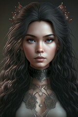 Art portrait of a beautiful woman with interesting hair and jewelry. Princesses and queens of different nations and times. Created using generative artificial intelligence.