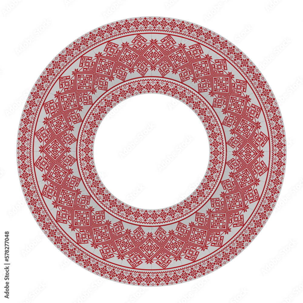 Poster round frame with ethnic pixel pattern in red on a white background