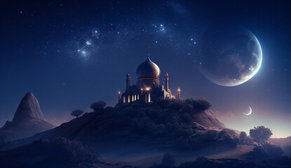 a mosque above the hill, AI Generated