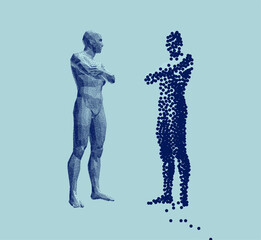 Standing men in fractured and undamaged entire versions. Man dispersing and disintegrating into particles. Concept of mental disorders. Psychology. Mental health problems. 3D human body model. - obrazy, fototapety, plakaty