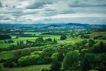 Iconic New Zealand Landscape with green rolling hills and distant mountain range under cloudy sky....
