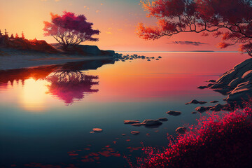 Fototapeta na wymiar Magic beautiful sunset over the sea, super photo realistic background, generative ai landscape