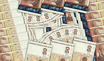 Bulgaria leva BGN 50 banknotes in a fan mosaic pattern 3d illustration