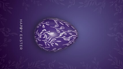 Vertical video. Rotation Easter egg with patterns. Happy Easter lettering on purple animated background. Looped video. Copy space empty space.