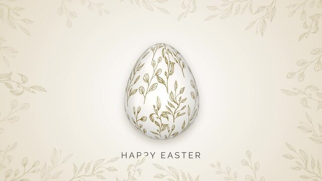 Easter egg spinning on cream background with patterns. Happy Easter inscription. Looped video.