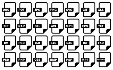 Conjunto de iconos de tipo de archivo. Formato y extensión de archivos de audio, video, imagen, sistema, código y documento