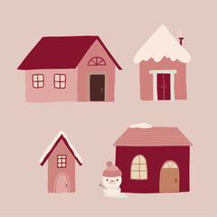 Cute Christmas houses with decor. New Year and Christmas attribute 
