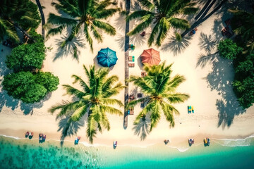 Fototapeta na wymiar people and umbrellas on the tropical beach. sea, palms, top view. Ai generative