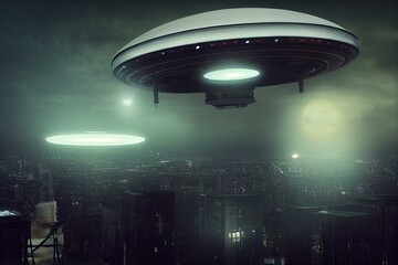 Naklejka na ściany i meble Flying saucer flying in the sky over night city. Invasion of extraterrestrial intelligence on an intergalactic ship. Alien abduction. Created with Generative AI