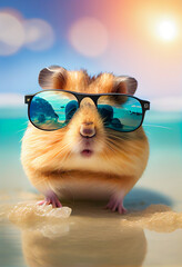 Hamster in sunglasses resting in a tropical resort. AI generated.