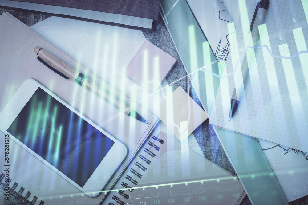 Poster multi exposure of forex graph hologram over desktop with phone. top view. mobile trade platform conc