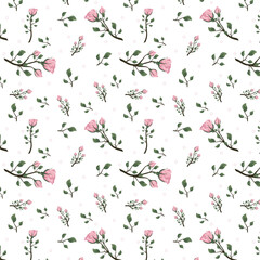 Seamless pattern with pink roses on a transparent background.