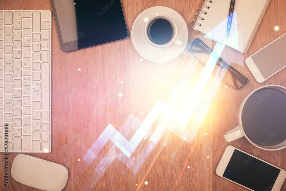 Poster double exposure of drawing arrows over table with phone. top view. growth concept.