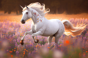 Mythical unicorn in a blooming field. AI generated