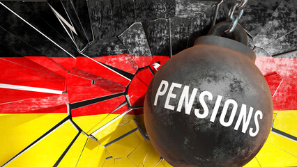 Germany and Pensions that destroys the country and wrecks the economy. Pensions as a force causing possible future decline of the nation,3d illustration