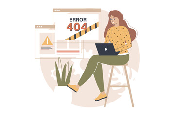 Yellow and brown concept 404 not found with people scene in the flat cartoon design. Programmer faces an error in the settings of the laptop. Vector illustration.