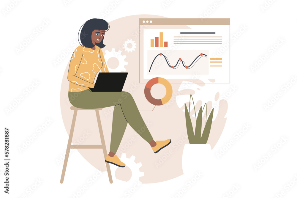 Poster data analysis yellow and brown concept with people scene in the flat cartoon design. data processing