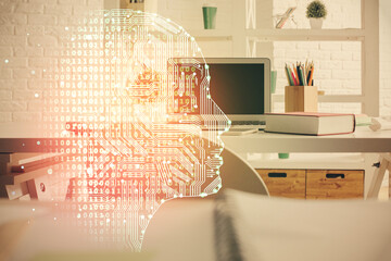 Double exposure of brain drawing and office interior background. Concept of data technology.