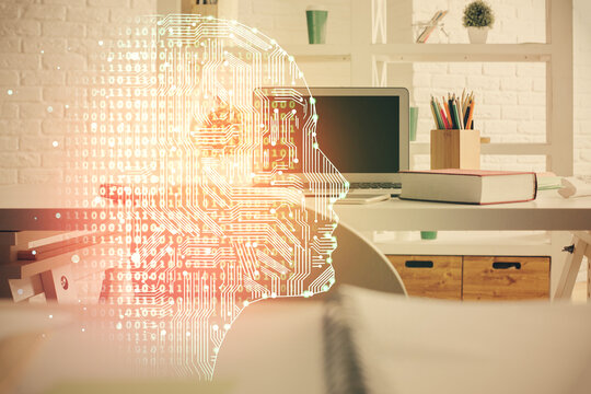 Double exposure of brain drawing and office interior background. Concept of data technology.