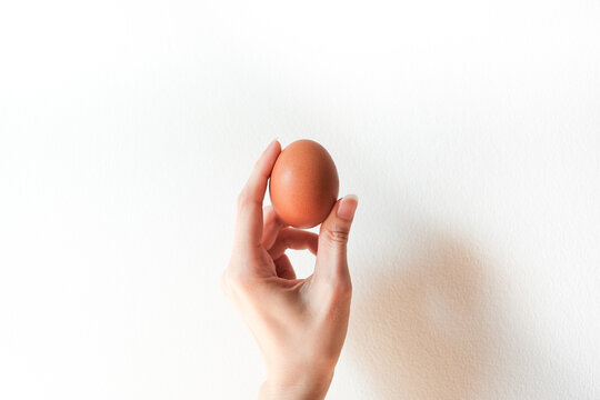 brown egg in asian woman hand on white background.