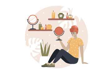 Spa salon yellow and brown concept with people scene in the flat cartoon style. Woman do spa treatments in a beauty salon to look good. Vector illustration.