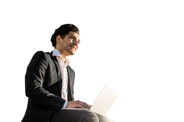 Businessman is a man in formal clothes using a laptop, transparent background, isolated png.