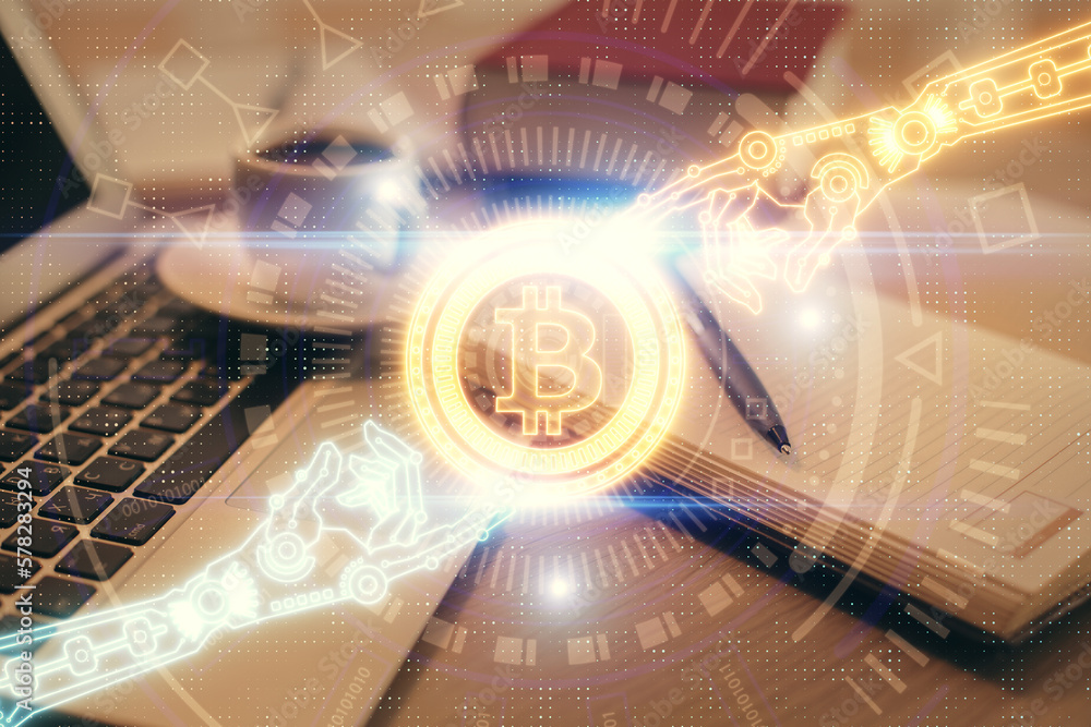 Poster Double exposure of crypto technology drawing and desktop with coffee and items on table background. Concept of blockchain
