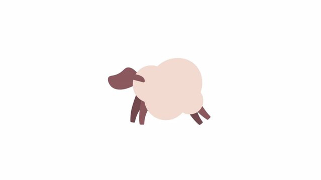 Animated jumping sheep. Cute fluffy farm animal running. Livestock farming. Flat character animation on white background with alpha channel transparency. Color cartoon style 4K video footage