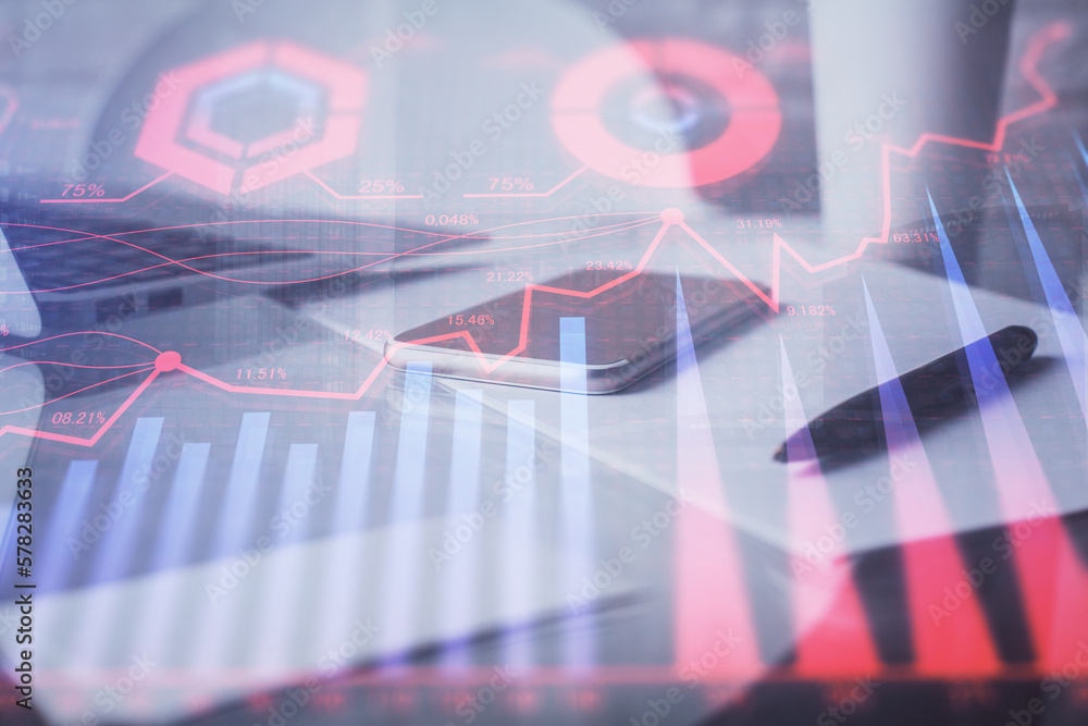 Poster double exposure of forex graph drawing and cell phone background. concept of financial data analysis
