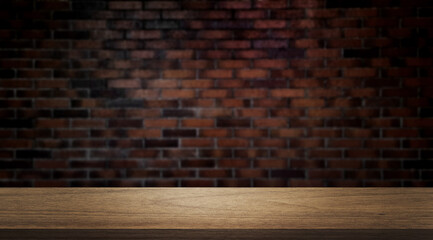 wooden table table at foreground with blurred old brown brick wall as background, brick wall texture. empty table for display montages. product displayed scene for business advertisation.