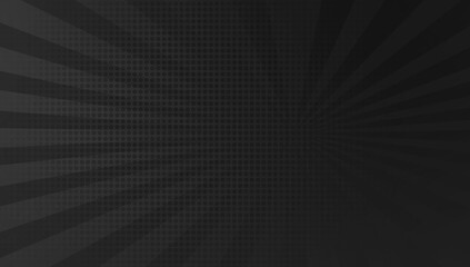 dark black sunburst rays background with half tone dots. comic or cartoon concept background with blank space for design. dark grey background with radial lines in pop art style.