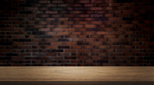 wooden table table at foreground with blurred old brown brick wall as background, brick wall texture. empty table for display montages. product displayed scene for business advertisation. © WONGSAKORN